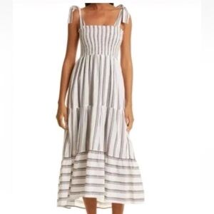 XiRENA White dress with Black and Red Stripes smocking and tie shoulders large